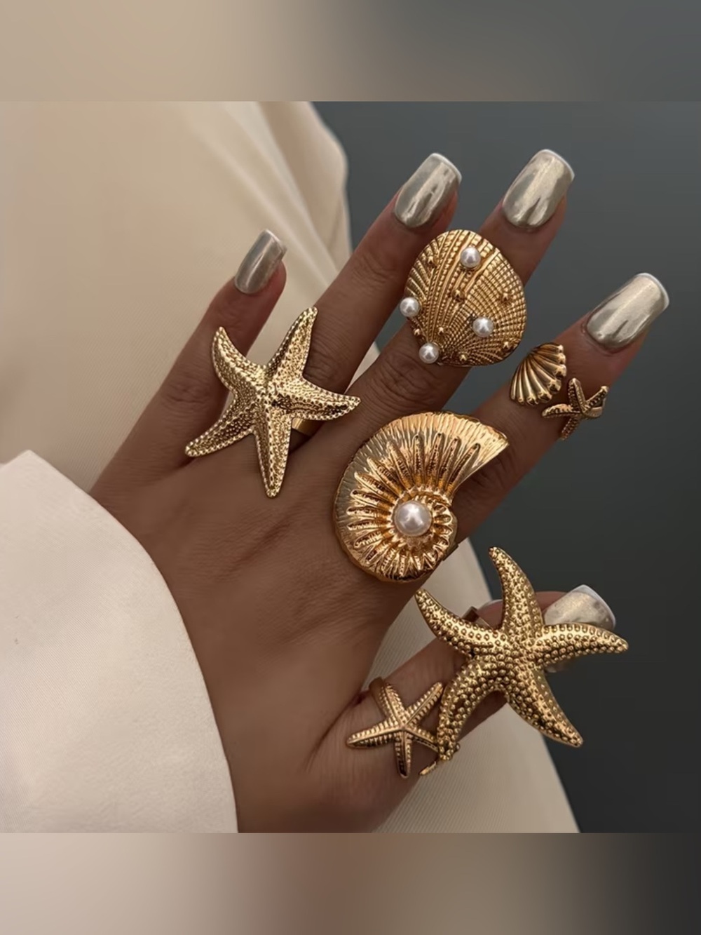 Gold-Tone Starfish & Shell Rings - Picture 1 of 7